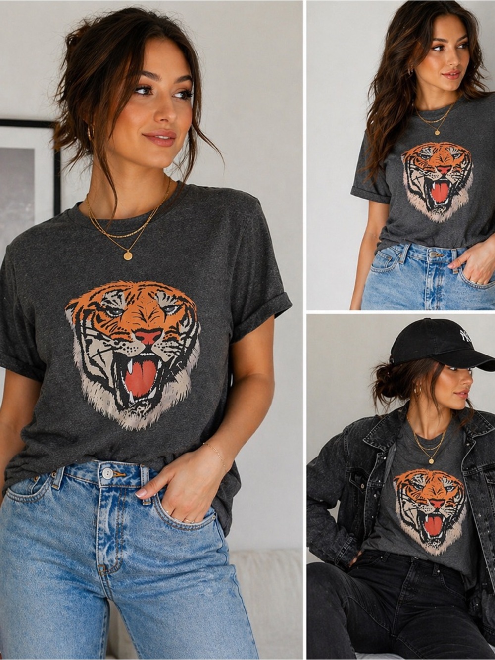 Charcoal Tiger Graphic Tee - Orange & White Tiger Print,  100% cotton